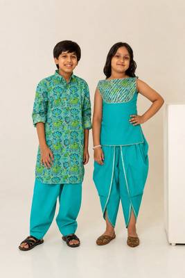 Turquoise blue embroidered cotton dhoti kurta set & kurta pyjama brother sister matching combo 1