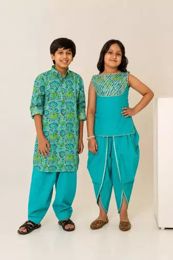 Turquoise blue embroidered cotton dhoti kurta set & kurta pyjama brother sister matching combo