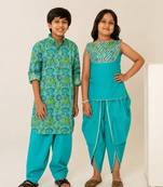 Turquoise blue embroidered cotton dhoti kurta set & kurta pyjama brother sister matching combo