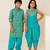 Turquoise blue embroidered cotton dhoti kurta set & kurta pyjama brother sister matching combo