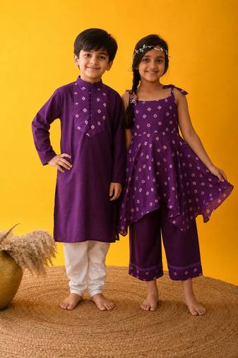 Purple handkerchief printed silk & cotton palazzo set & kurta pyjama brother sister matching combo