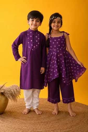 Purple handkerchief printed silk & cotton palazzo set & kurta pyjama brother sister matching combo