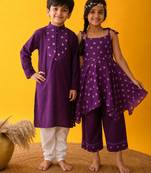 Purple handkerchief printed silk & cotton palazzo set & kurta pyjama brother sister matching combo