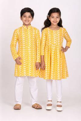 Orange chikankari & embroidered cotton kurta set & kurta pyjama brother sister matching combo 1