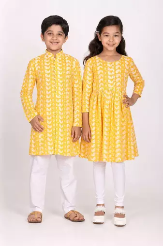 Orange chikankari & embroidered cotton kurta set & kurta pyjama brother sister matching combo