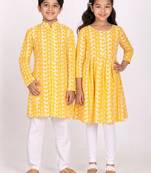 Orange chikankari & embroidered cotton kurta set & kurta pyjama brother sister matching combo