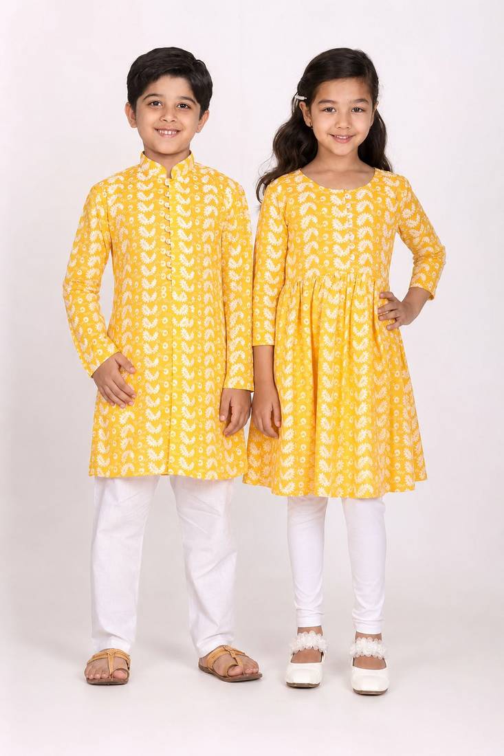 Orange chikankari & embroidered cotton kurta set & kurta pyjama brother sister matching combo