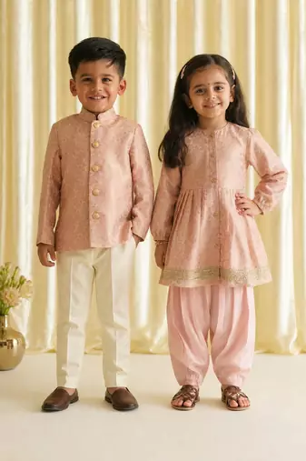 Pink embroidered brocade kurta salwar set & bandhgala brother sister matching combo