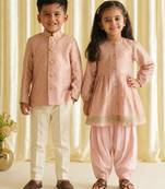 Pink embroidered brocade kurta salwar set & bandhgala brother sister matching combo