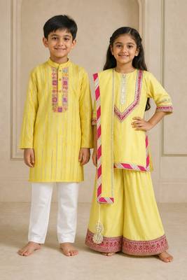 Yellow & silver embroidered chanderi sharara set & kurta pyjama brother sister matching combo 1