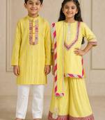 Yellow & silver embroidered chanderi sharara set & kurta pyjama brother sister matching combo