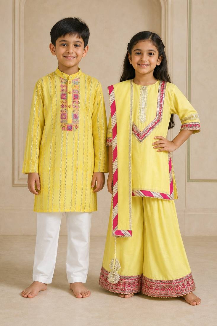 Yellow & silver embroidered chanderi sharara set & kurta pyjama brother sister matching combo