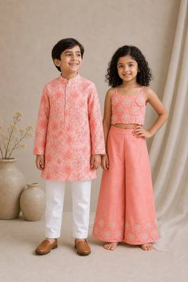 Pink embroidered & printed cotton & chanderi co-ord set & kurta pant brother sister matching combo 1
