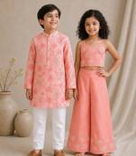 Pink embroidered & printed cotton & chanderi co-ord set & kurta pant brother sister matching combo