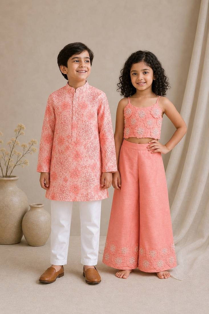 Pink embroidered & printed cotton & chanderi co-ord set & kurta pant brother sister matching combo