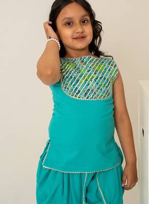 Turquoise blue embroidered cotton dhoti kurta set & kurta pyjama brother sister matching combo 2