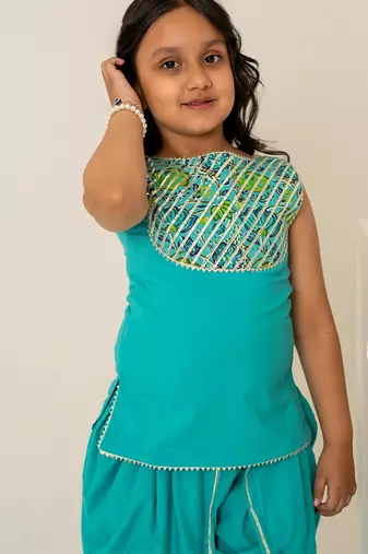 Turquoise blue embroidered cotton dhoti kurta set & kurta pyjama brother sister matching combo