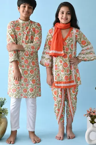 Orange & multicolor woven cotton dhoti kurta set & kurta pyjama brother sister matching combo