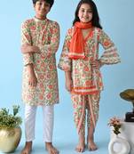 Orange & multicolor woven cotton dhoti kurta set & kurta pyjama brother sister matching combo