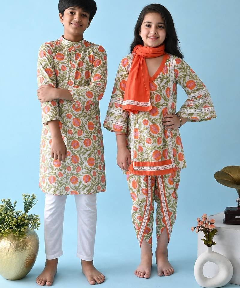 Orange & multicolor woven cotton dhoti kurta set & kurta pyjama brother sister matching combo