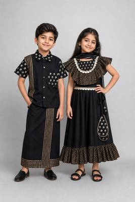Black embroidered & printed cotton silk lehenga choli & shirt brother sister matching combo 1