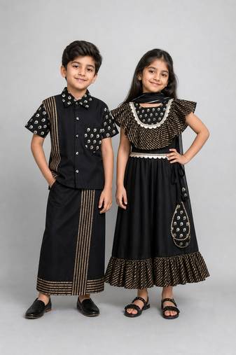 Black embroidered & printed cotton silk lehenga choli & shirt brother sister matching combo