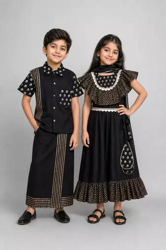 Black embroidered & printed cotton silk lehenga choli & shirt brother sister matching combo