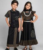 Black embroidered & printed cotton silk lehenga choli & shirt brother sister matching combo