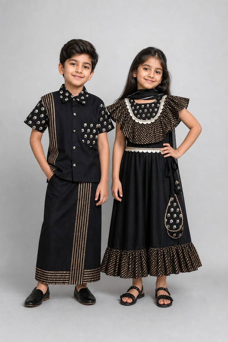 Black embroidered & printed cotton silk lehenga choli & shirt brother sister matching combo