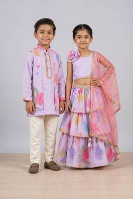 Lilac printed chanderi & cotton silk lehenga choli & kurta pant brother sister matching combo 1