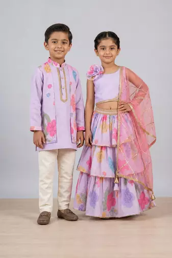 Lilac printed chanderi & cotton silk lehenga choli & kurta pant brother sister matching combo