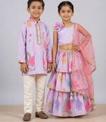 Lilac printed chanderi & cotton silk lehenga choli & kurta pant brother sister matching combo
