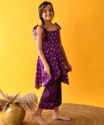 Purple handkerchief printed silk & cotton palazzo set & kurta pyjama brother sister matching combo 2