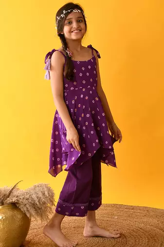 Purple handkerchief printed silk & cotton palazzo set & kurta pyjama brother sister matching combo