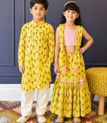 Yellow printed cotton sharara set & kurta pant brother sister matching combo