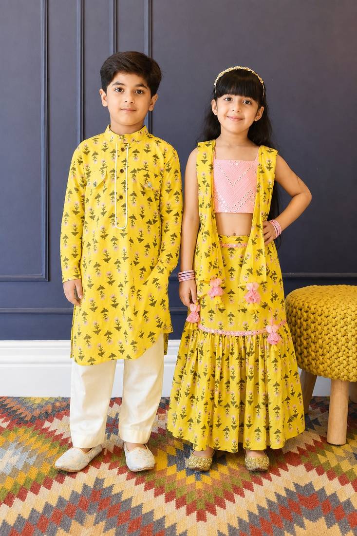 Yellow printed cotton sharara set & kurta pant brother sister matching combo