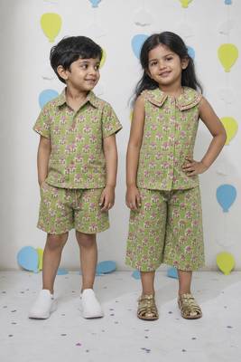 Green printed cotton co-ord set & shirt set brother sister matching combo 1
