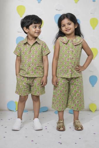 Green printed cotton co-ord set & shirt set brother sister matching combo