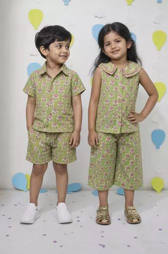 Green printed cotton co-ord set & shirt set brother sister matching combo