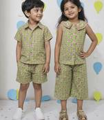 Green printed cotton co-ord set & shirt set brother sister matching combo