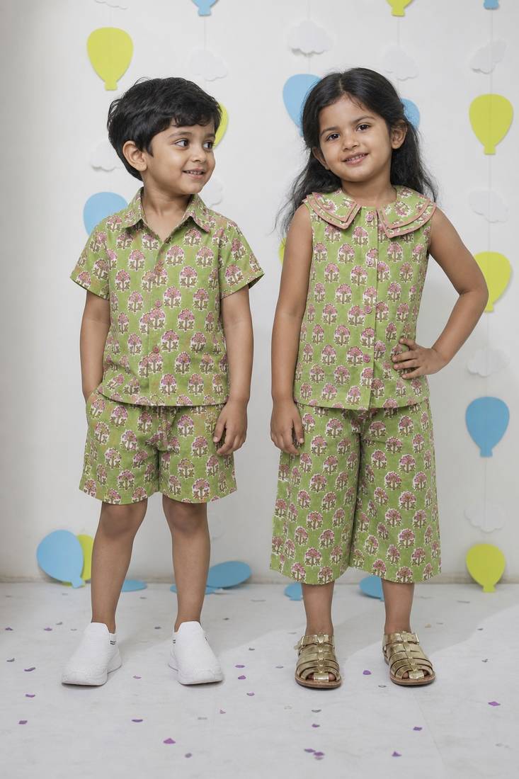 Green printed cotton co-ord set & shirt set brother sister matching combo