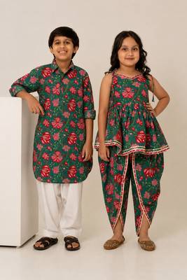 Teal green printed cotton dhoti kurta set & kurta pyjama brother sister matching combo 1