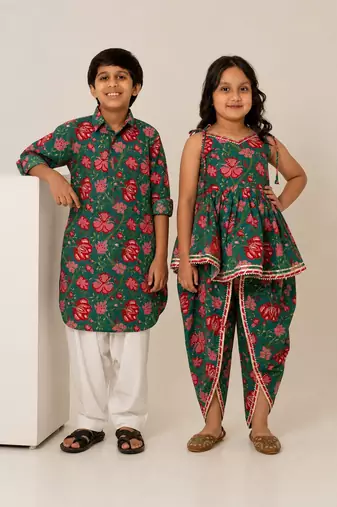 Teal green printed cotton dhoti kurta set & kurta pyjama brother sister matching combo