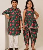 Teal green printed cotton dhoti kurta set & kurta pyjama brother sister matching combo