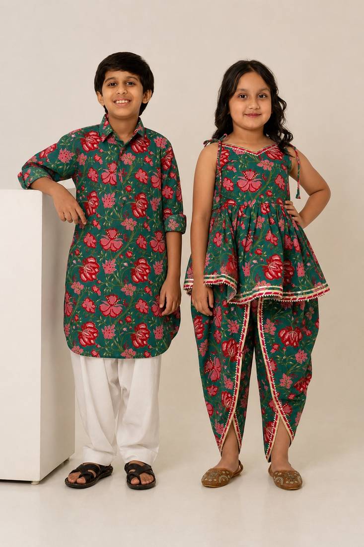 Teal green printed cotton dhoti kurta set & kurta pyjama brother sister matching combo