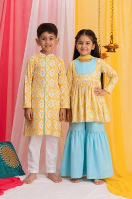 Yellow printed cotton poly kurta set & kurta pyjama brother sister matching combo 1