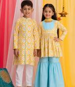 Yellow printed cotton poly kurta set & kurta pyjama brother sister matching combo