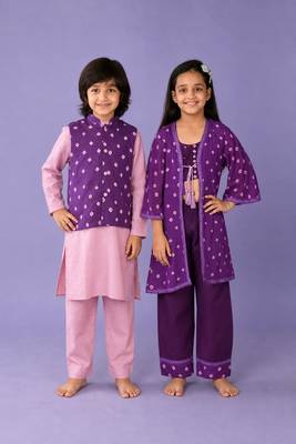 Purple & lavender printed silk & cotton palazzo set & kurta jacket brother sister matching combo 1