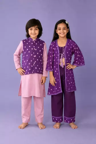Purple & lavender printed silk & cotton palazzo set & kurta jacket brother sister matching combo
