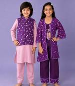 Purple & lavender printed silk & cotton palazzo set & kurta jacket brother sister matching combo
